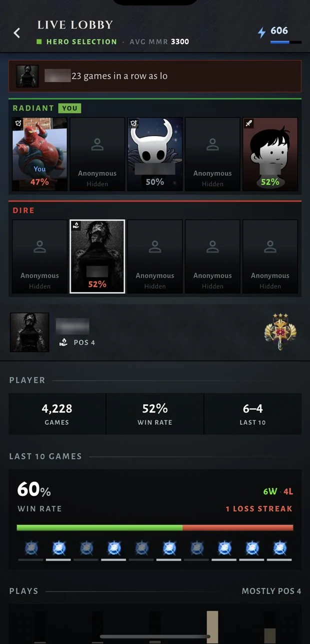 The Live lobby: all ten players of a match with their medals, main heroes, last ten games and a one-trick warning