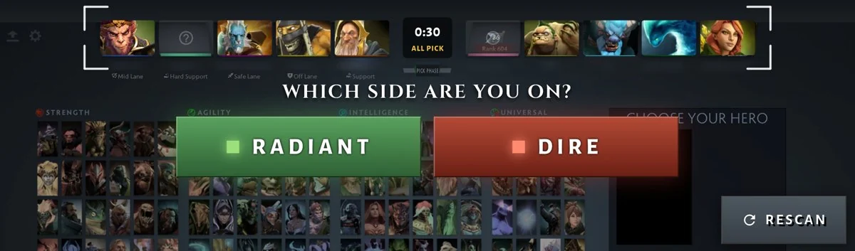 The app's camera on a Dota 2 pick screen: the heroes it read in the draft bar, and the Radiant and Dire buttons to choose your side